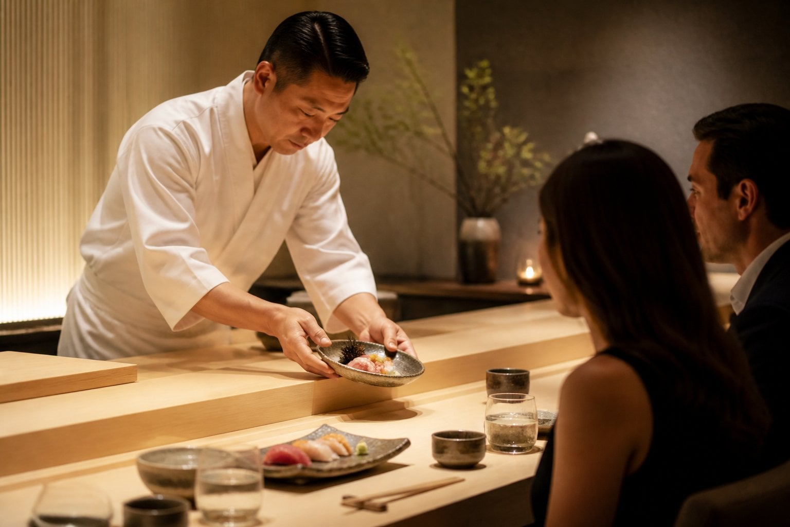 A chef presents an elegant Japanese omakase course at a luxurious sushi counter.