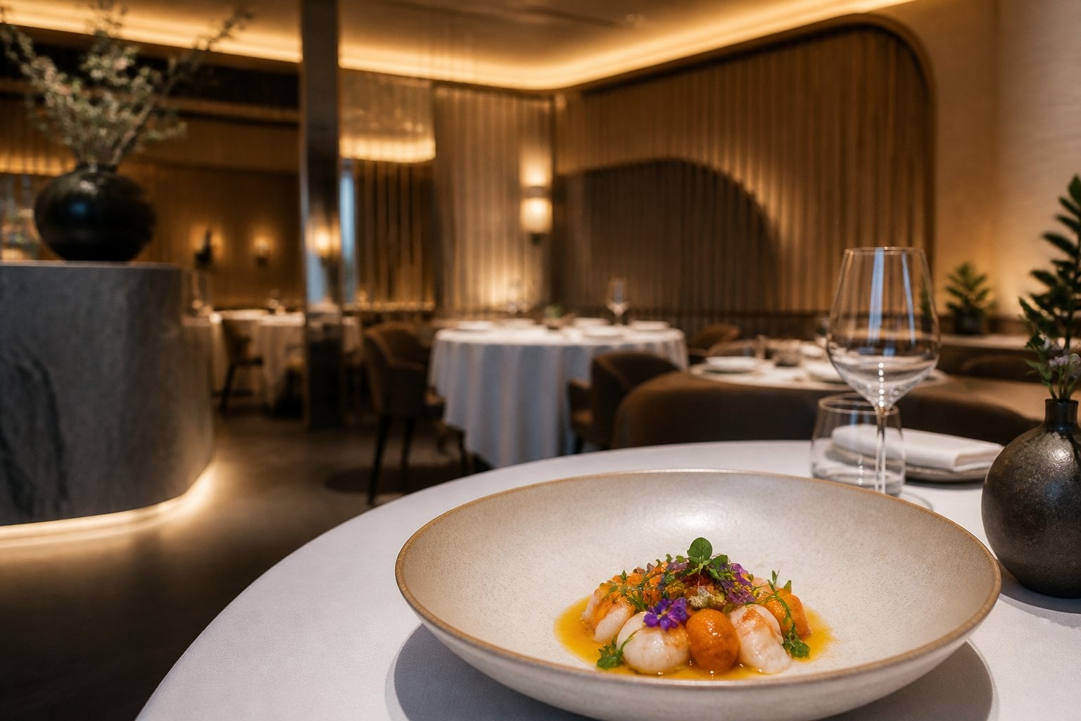 An elegant modern dining room with a beautifully plated tasting-menu dish in the foreground.