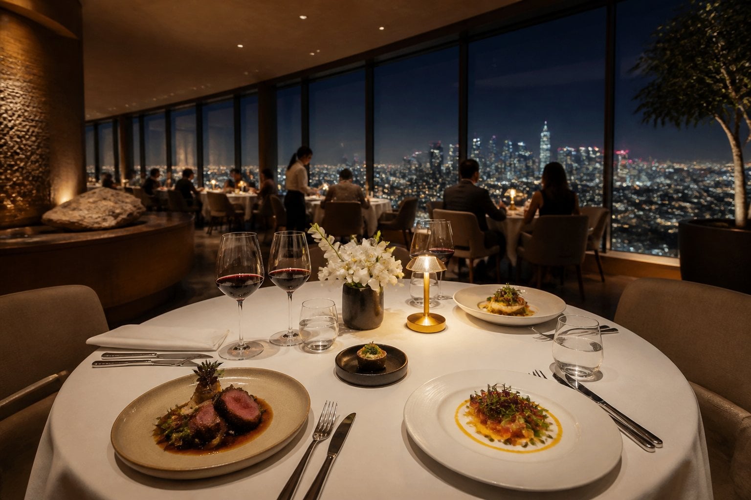 An elegant dining table with gourmet food and city views in a luxurious Los Angeles restaurant.