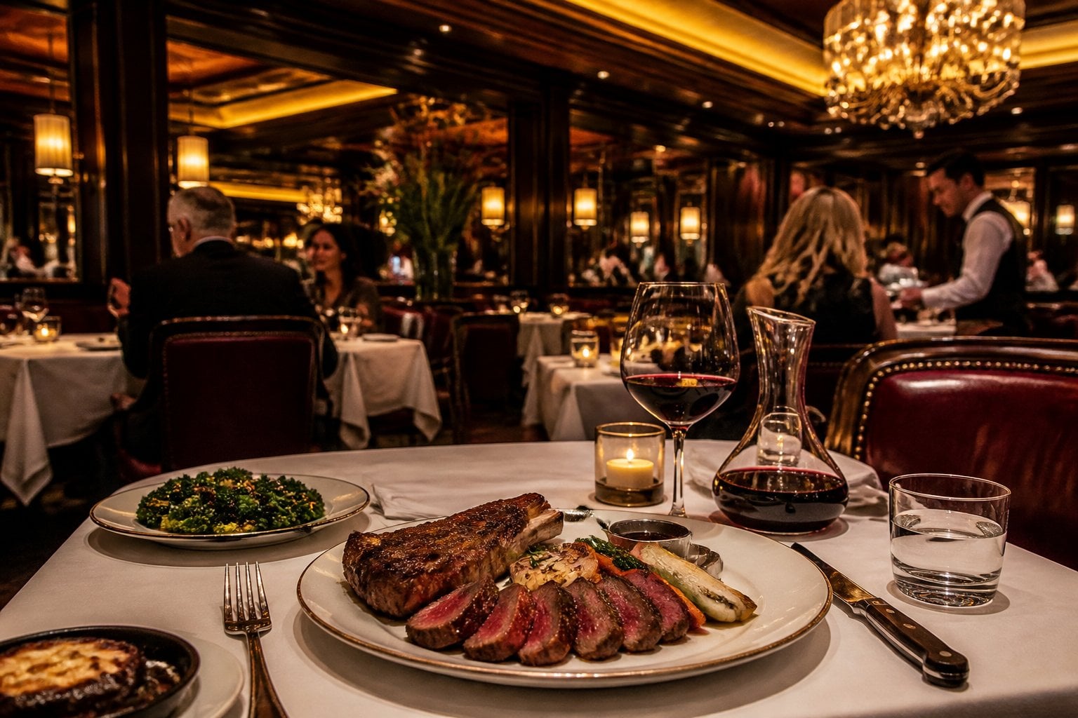 An elegant steakhouse dining room with warm lighting, leather booths, and a table set with a premium steak dinner.