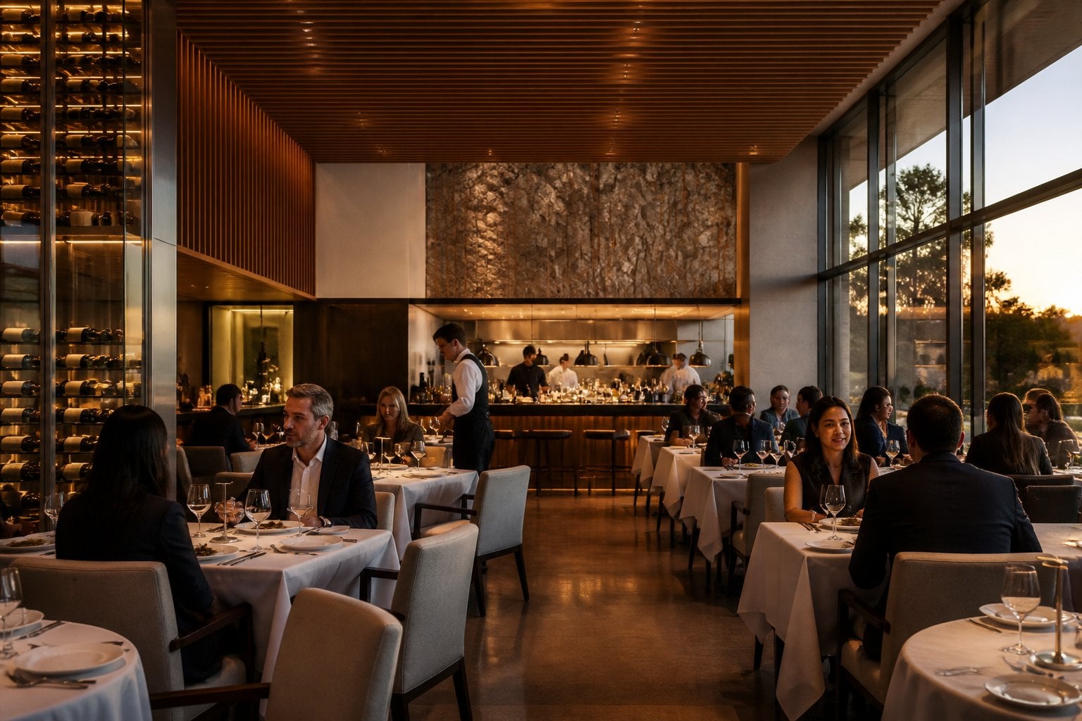 An elegant fine-dining restaurant interior with warmly lit tables, polished finishes, and well-dressed diners.