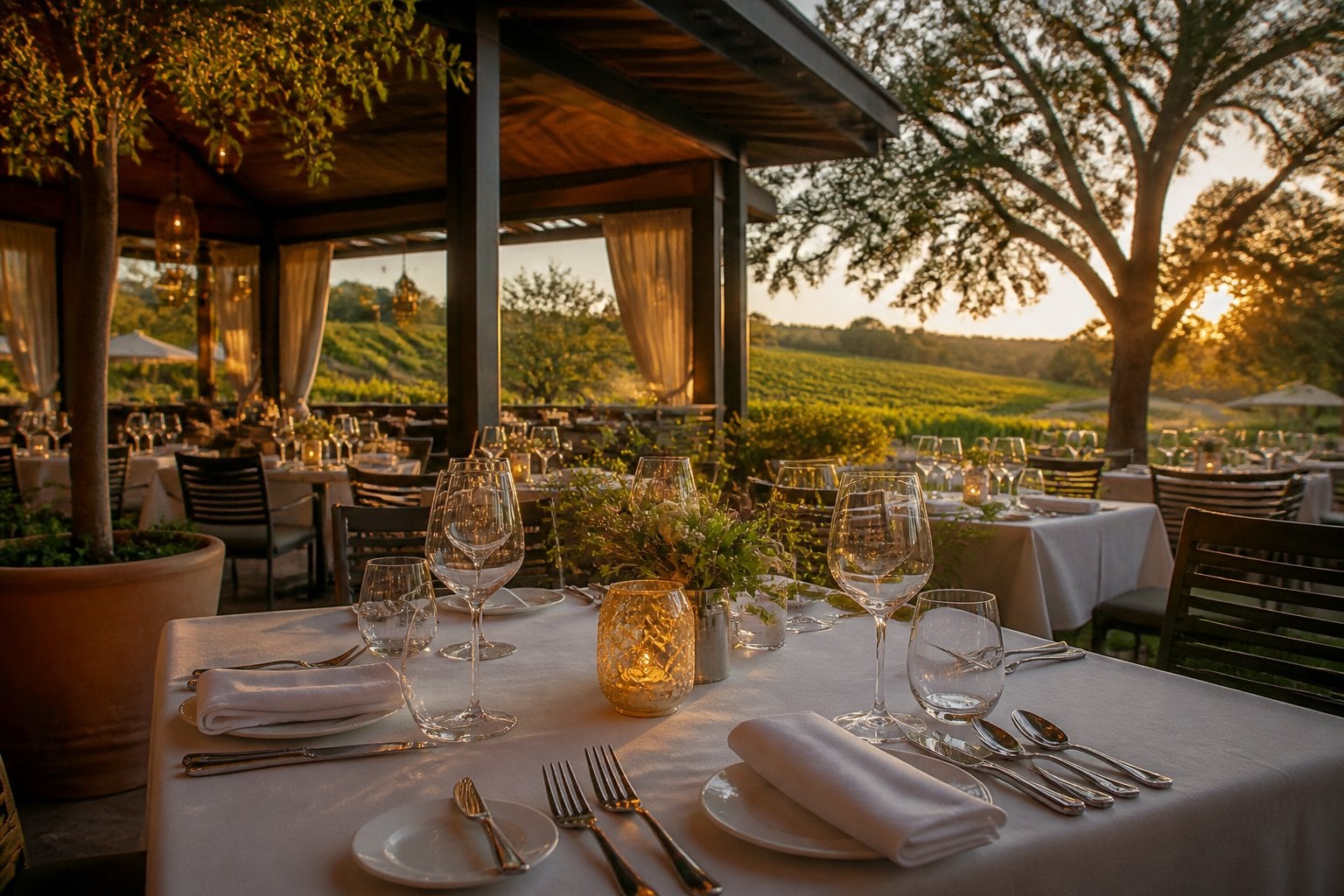 An elegant outdoor dining terrace surrounded by vineyards and oak trees in the Napa Valley.