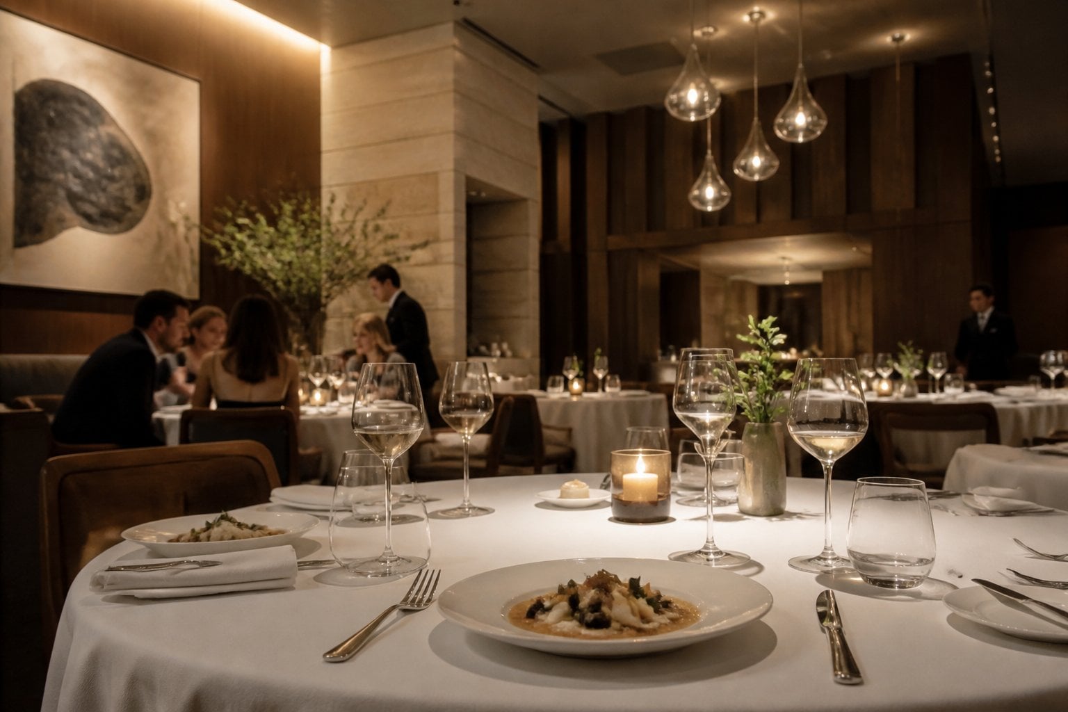 Elegant upscale restaurant dining room with finely set tables, plated cuisine, and warmly lit modern decor.