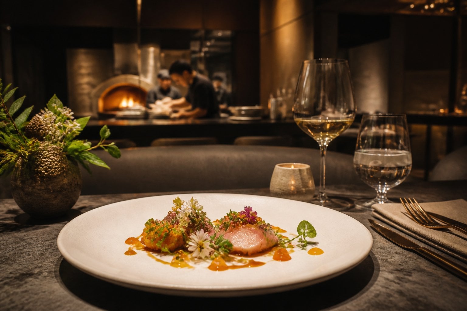 An elegant tasting-menu dish served in a sophisticated, warmly lit restaurant.