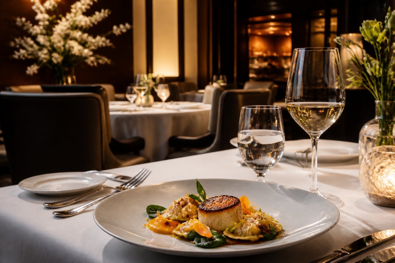 An elegantly plated gourmet dish on a set table in a refined restaurant dining room.
