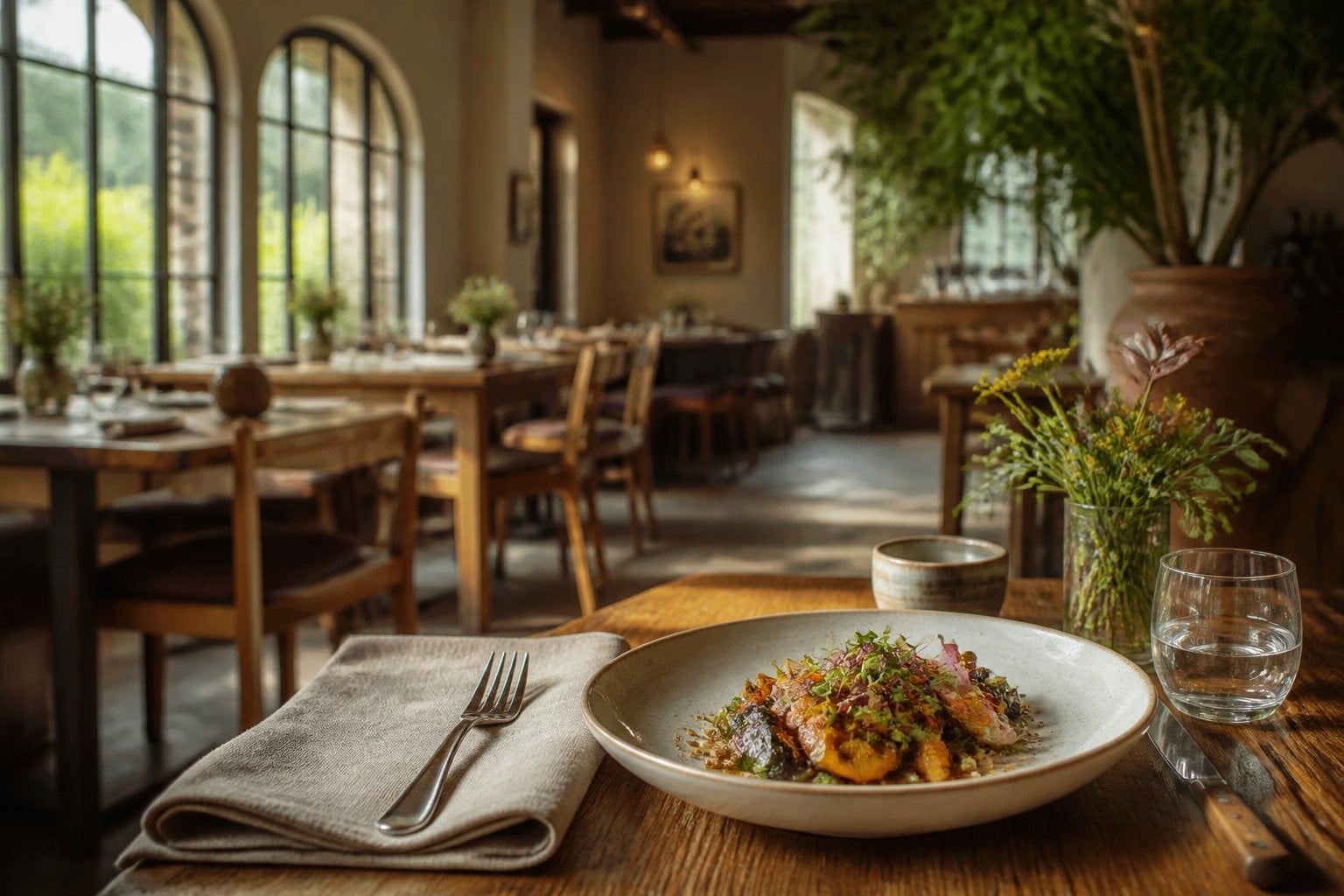 An elegant Berkeley restaurant dining room with a seasonal dish on a warmly set table.