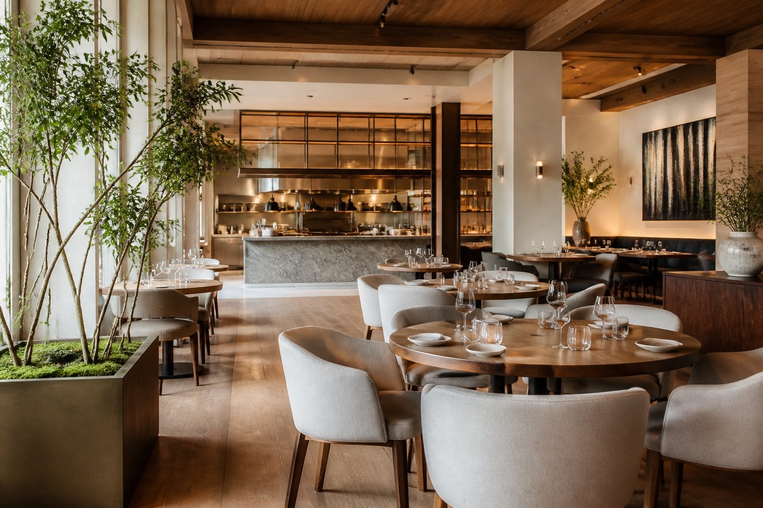 An elegant modern dining room at a fine-dining restaurant in San Francisco.