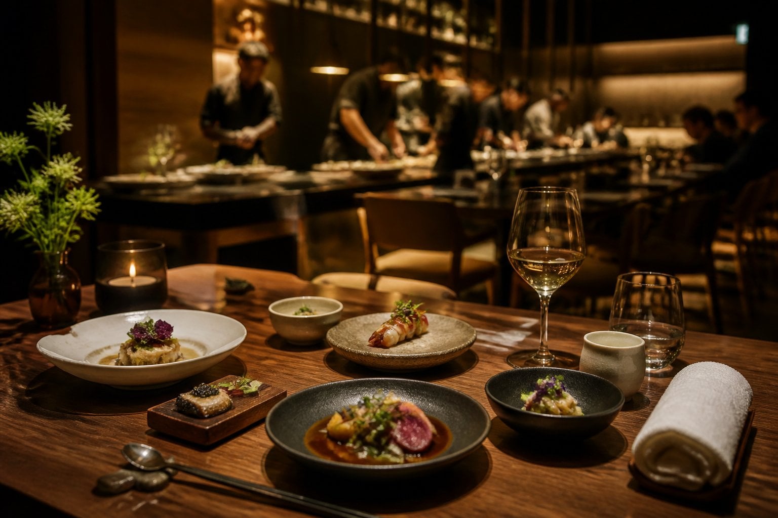 An elegant fine-dining restaurant interior with beautifully plated dishes on a table and softly lit chefs in the background.
