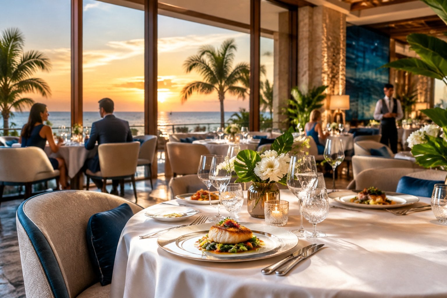 An elegant luxury restaurant dining room with beautifully set tables, gourmet dishes, and tropical coastal views.