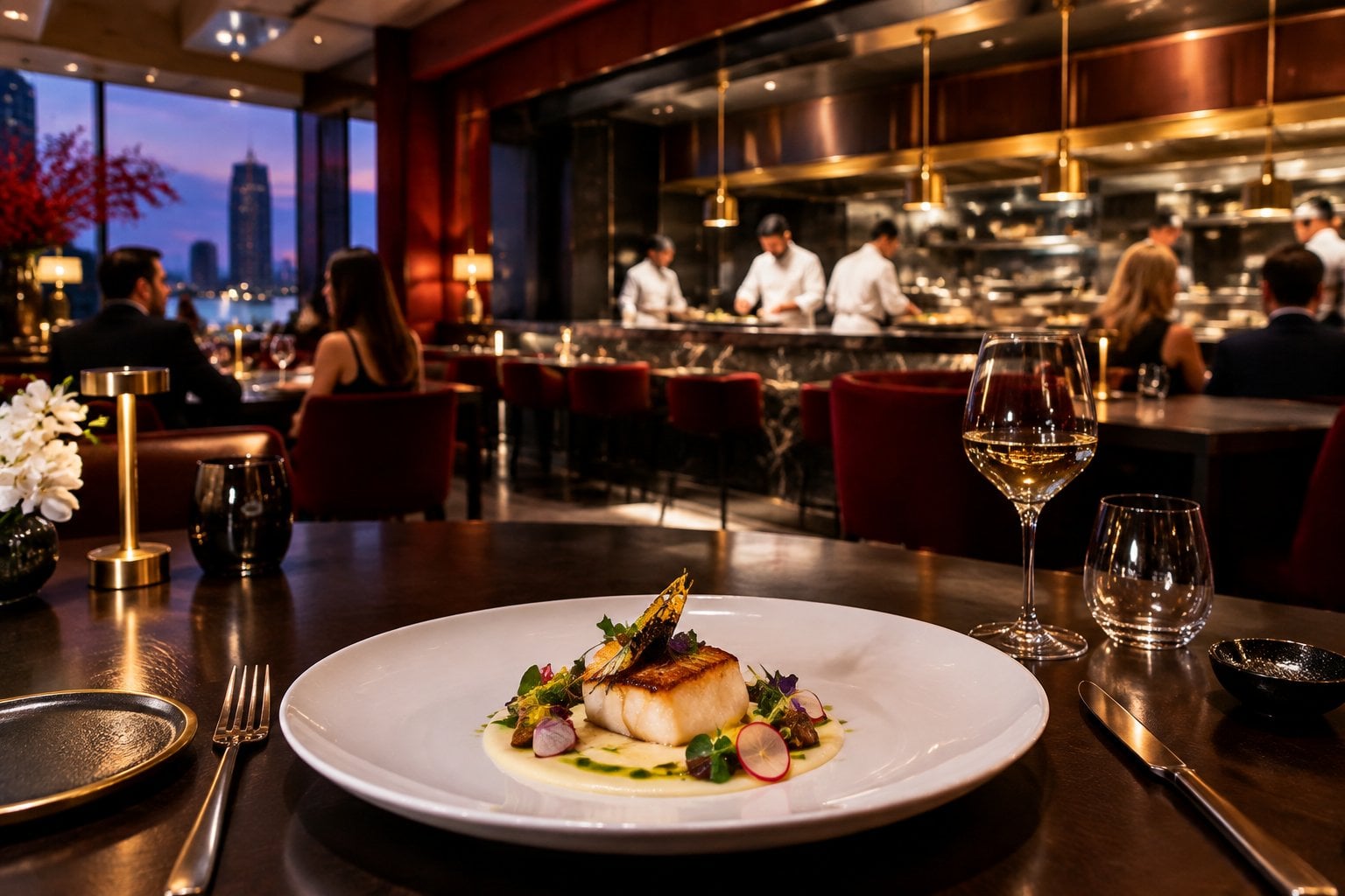 An elegant Miami fine-dining restaurant with a beautifully plated dish in the foreground and chefs working in an open kitchen.