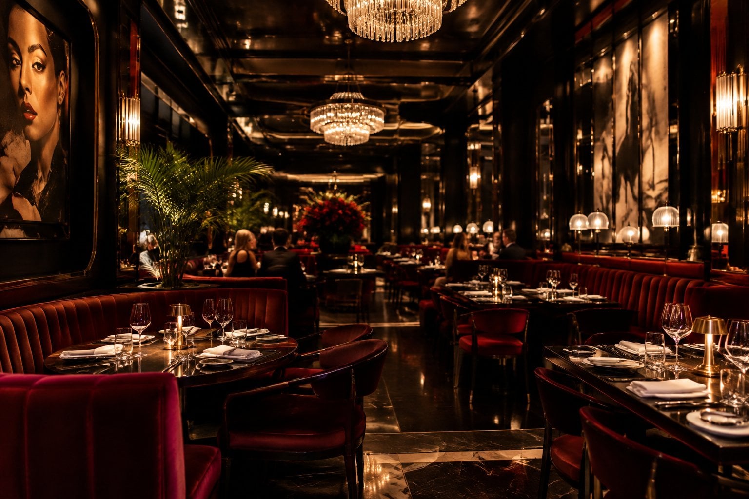 A luxurious, dimly lit steakhouse dining room with red banquettes, polished dark finishes, elegant lighting, and formally set tables.