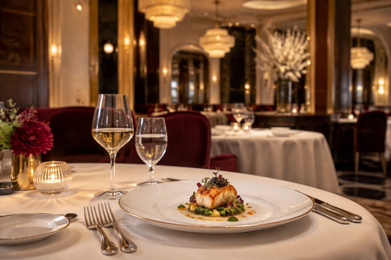 An elegant fine-dining table with a beautifully plated gourmet dish in a luxurious restaurant.