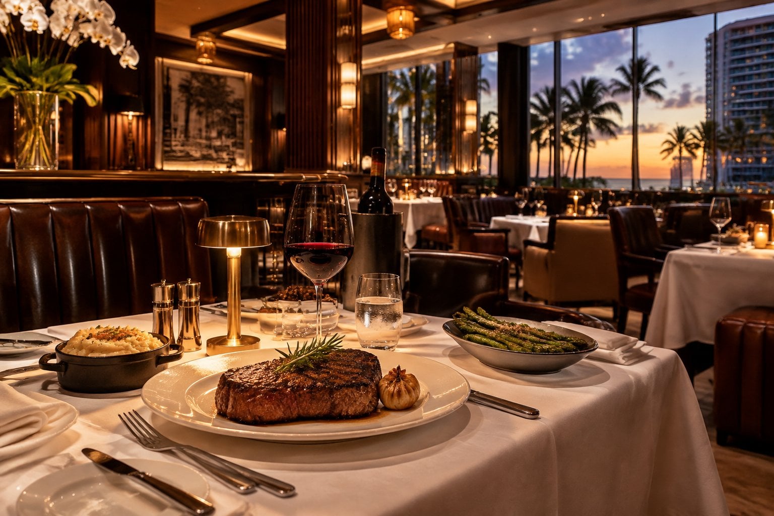 An elegant upscale steakhouse dining room with a premium steak dinner on a neatly set table.