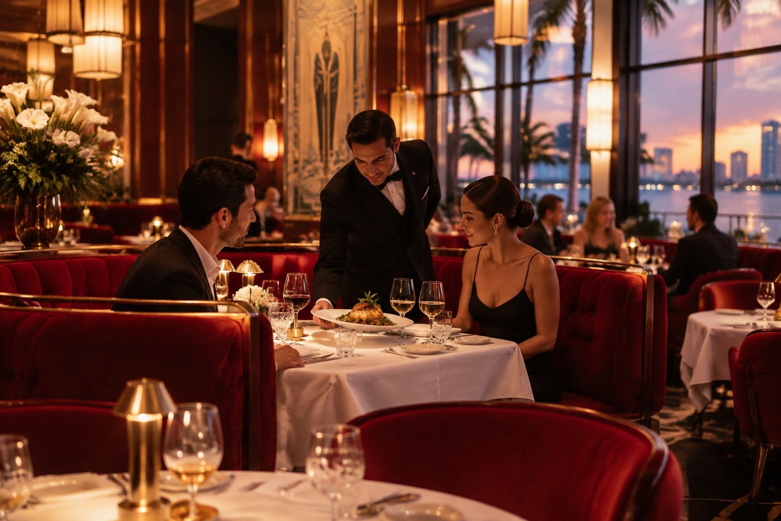 An elegant Miami Beach restaurant interior with red banquettes, white tablecloths, and diners enjoying a fine-dining meal.