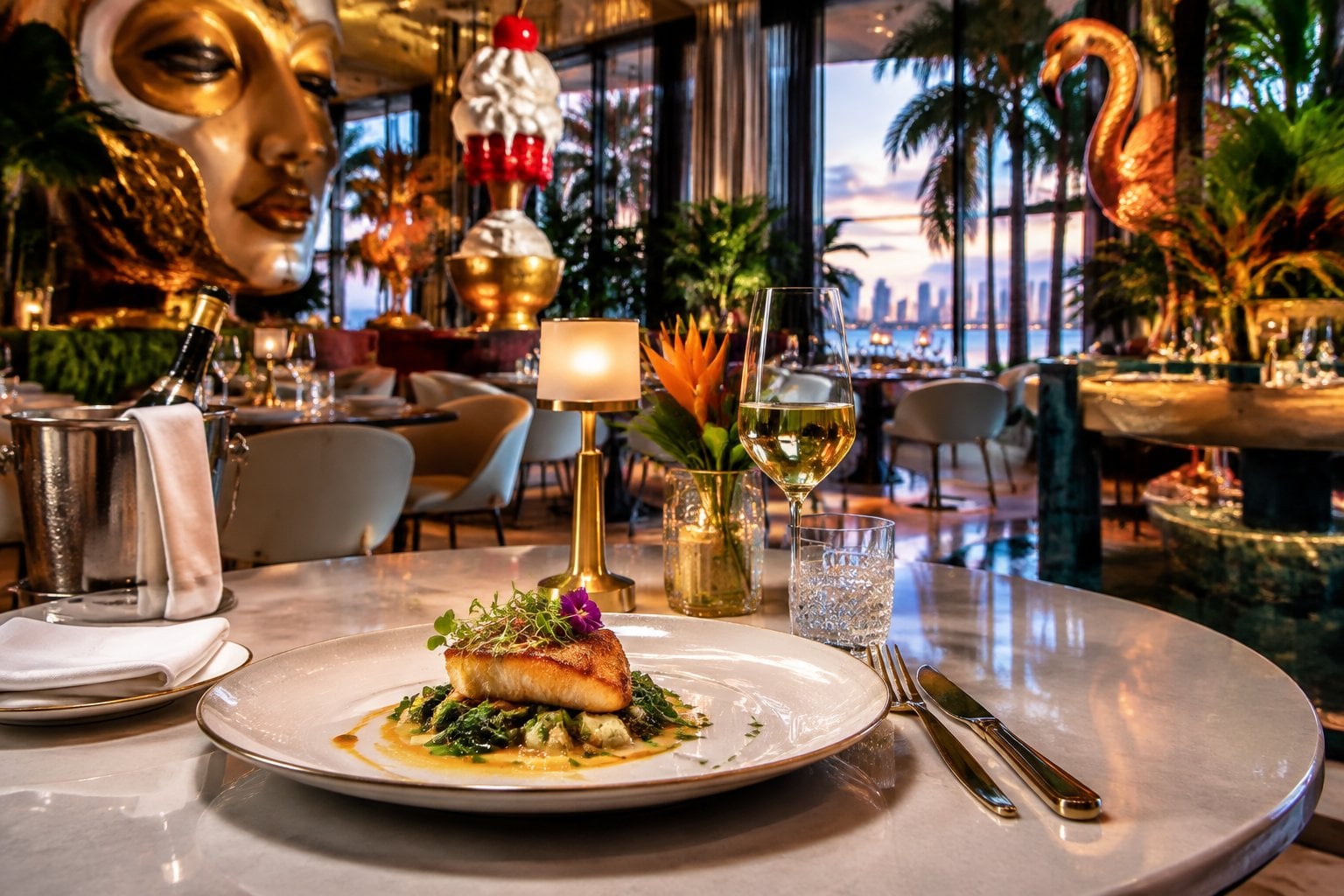 An opulent Miami Beach restaurant dining room with theatrical decor, elegant table settings, and an artistically plated gourmet meal.