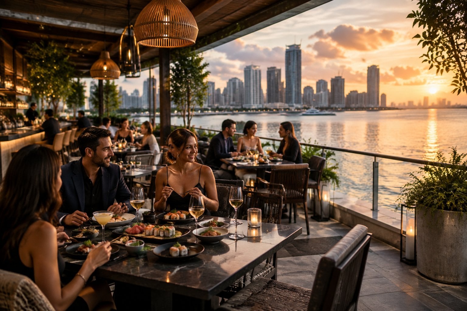 Elegant waterfront restaurant terrace in Miami with diners, Japanese dishes, and a sunset skyline view.