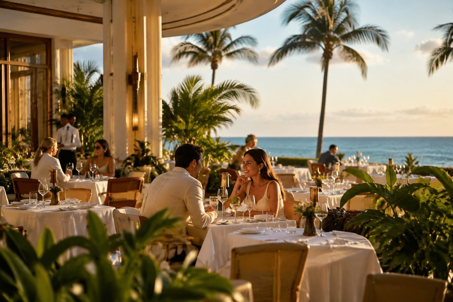 Elegant oceanfront fine-dining restaurant with white table settings, tropical greenery, and diners enjoying a meal.
