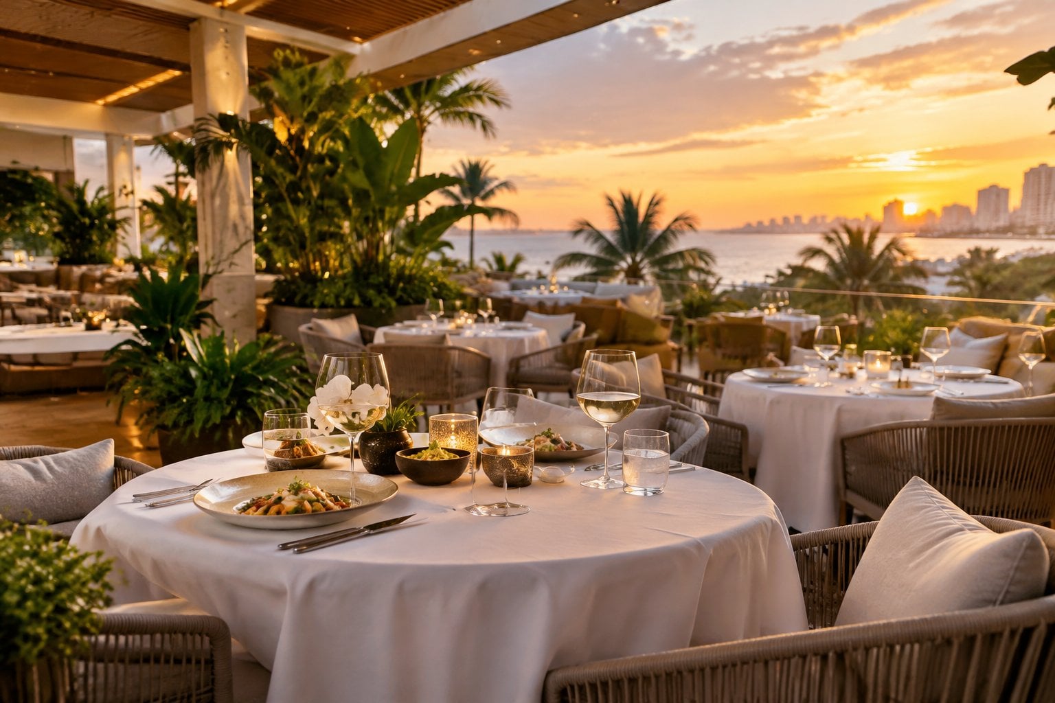 Elegant rooftop restaurant terrace in Miami Beach with tropical greenery, refined table settings, and warm evening light.