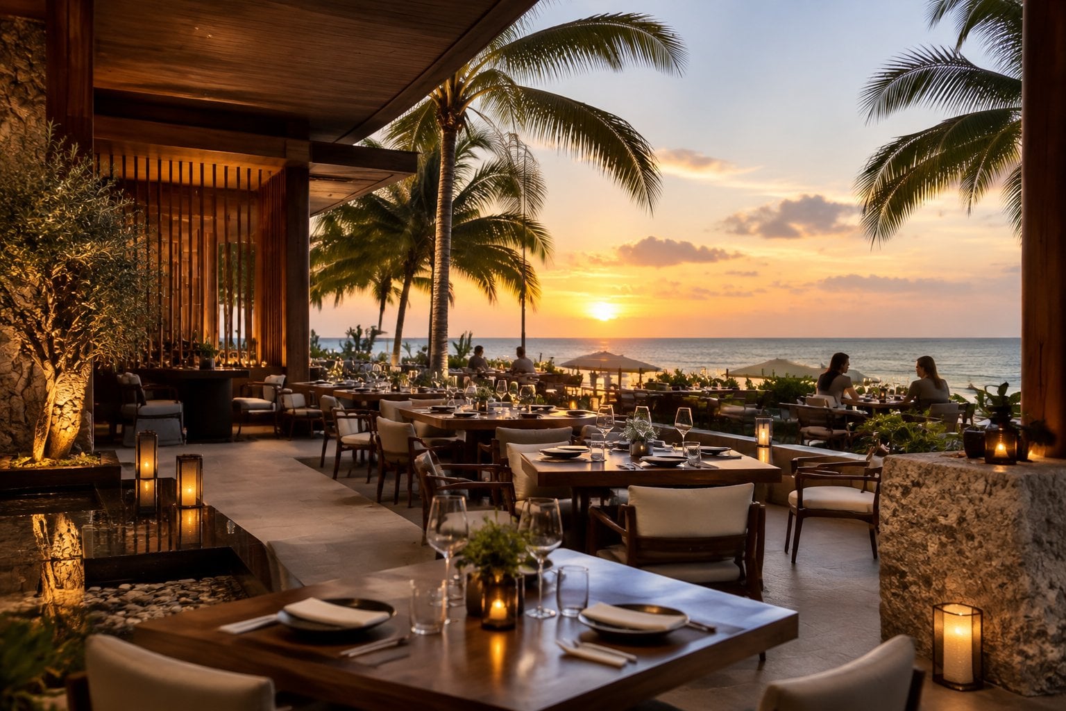 An elegant oceanfront restaurant terrace in Miami Beach with warm lighting, palm trees, and upscale outdoor dining.