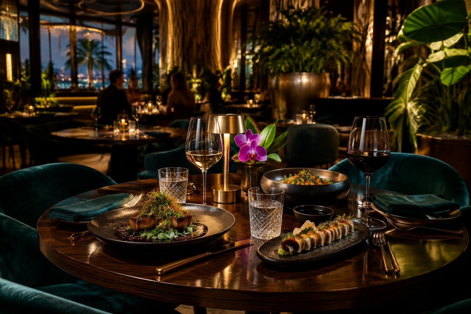 An elegant upscale Miami restaurant dining room with a beautifully set table and refined Asian-inspired dishes.