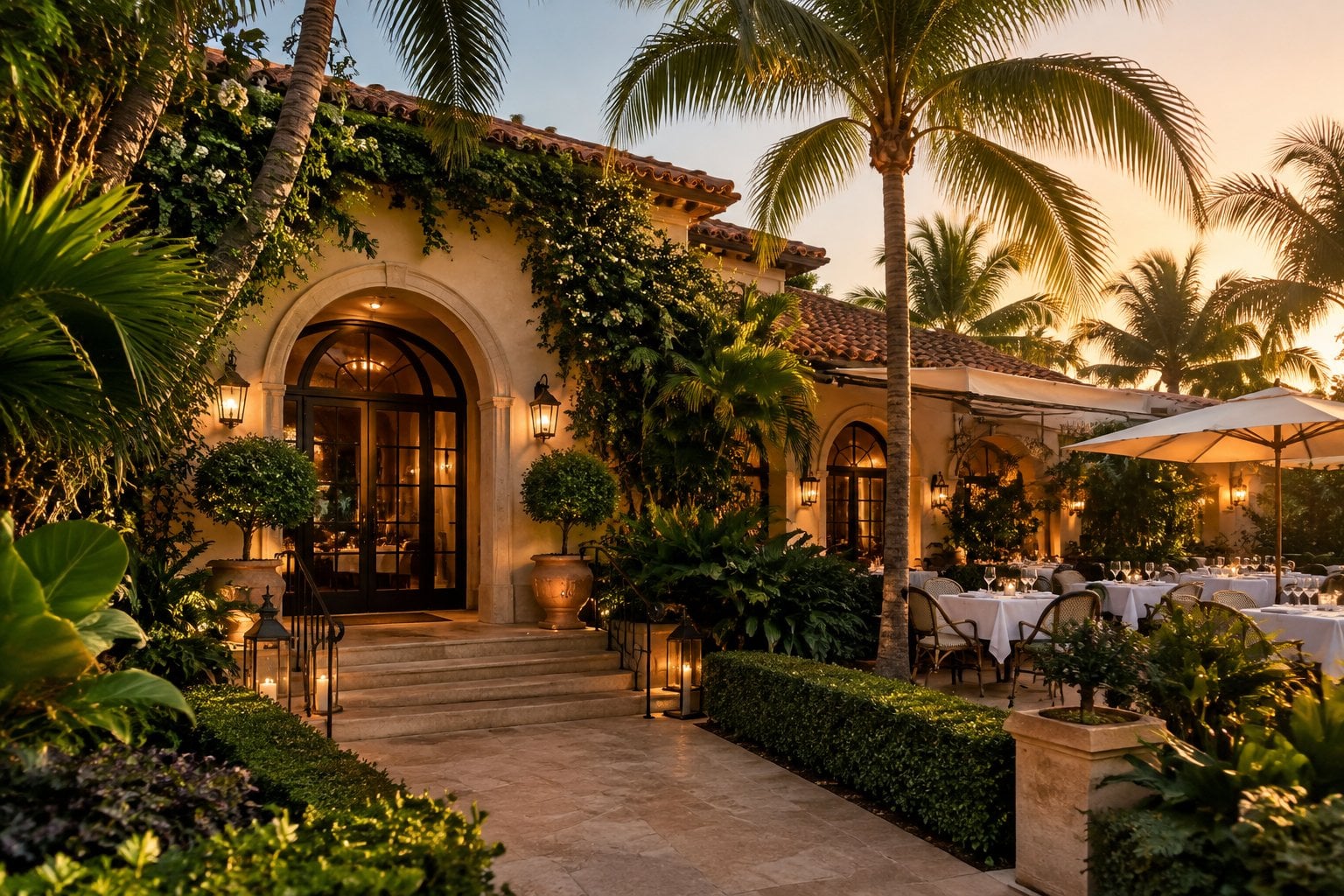 An elegant Mediterranean-style restaurant villa surrounded by tropical greenery in Miami Beach.