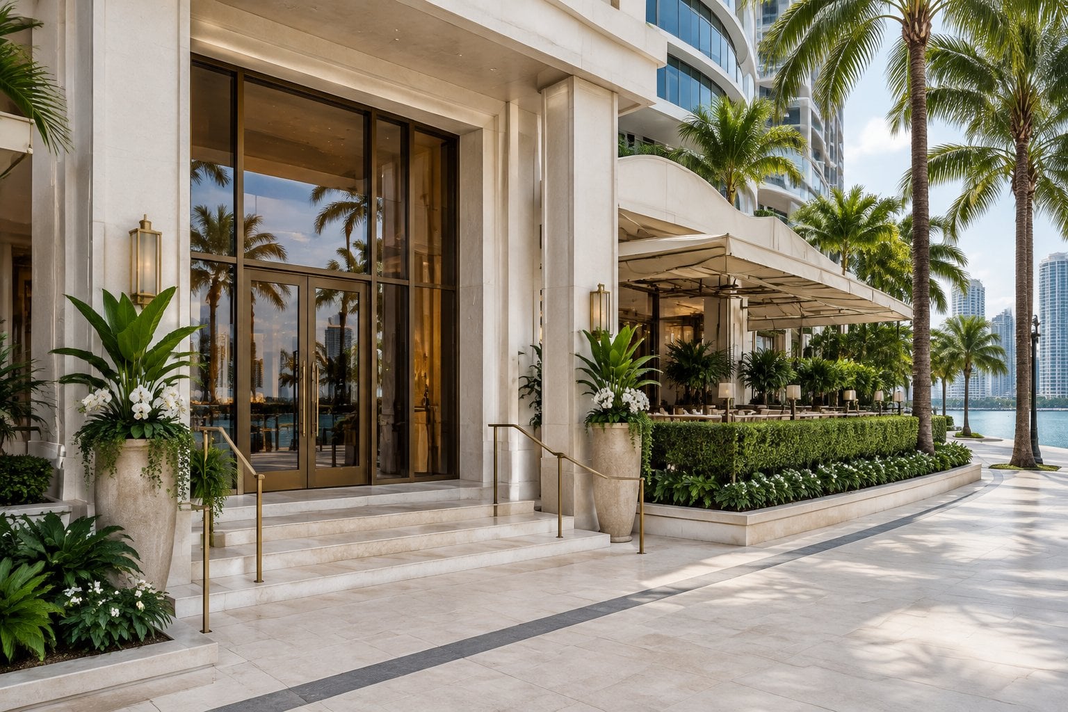 Elegant upscale restaurant entrance with tropical landscaping in downtown Miami.