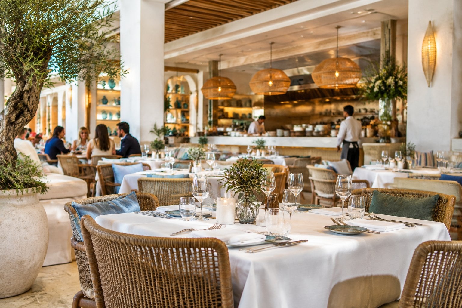 Elegant coastal-style restaurant dining room with neatly set tables and warm lighting.