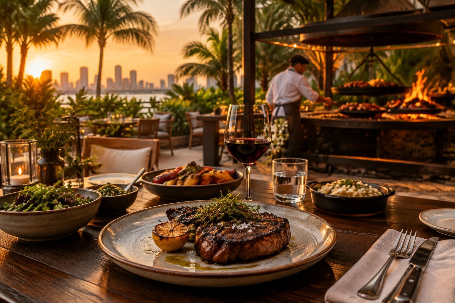 An elegant Miami Beach restaurant terrace with a fire grill, chef, and beautifully plated grilled meal.