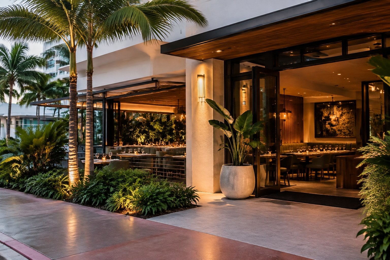 Upscale restaurant entrance surrounded by tropical greenery in Miami Beach.