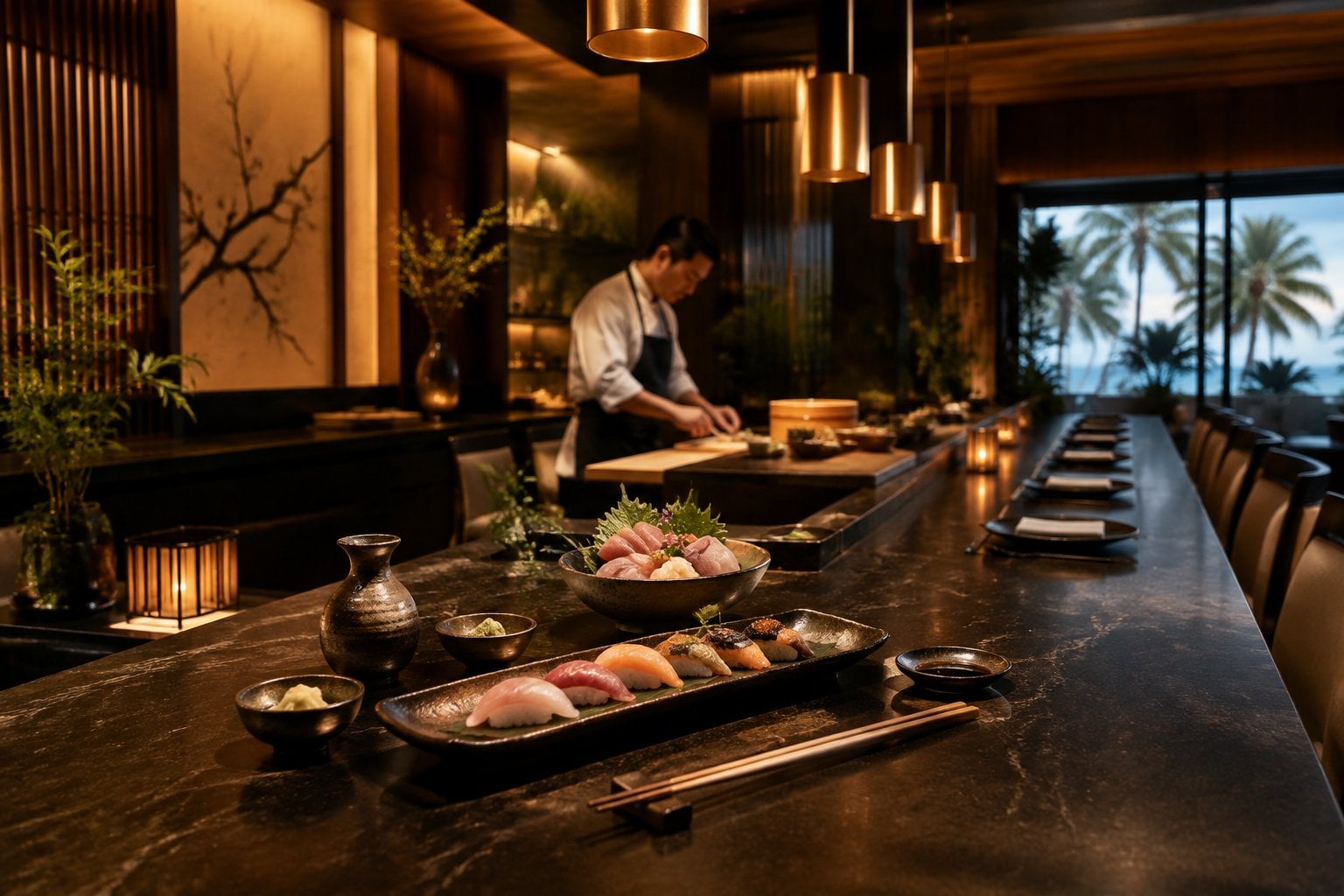 An intimate luxury sushi counter with a chef preparing an omakase meal in a warmly lit private dining room.