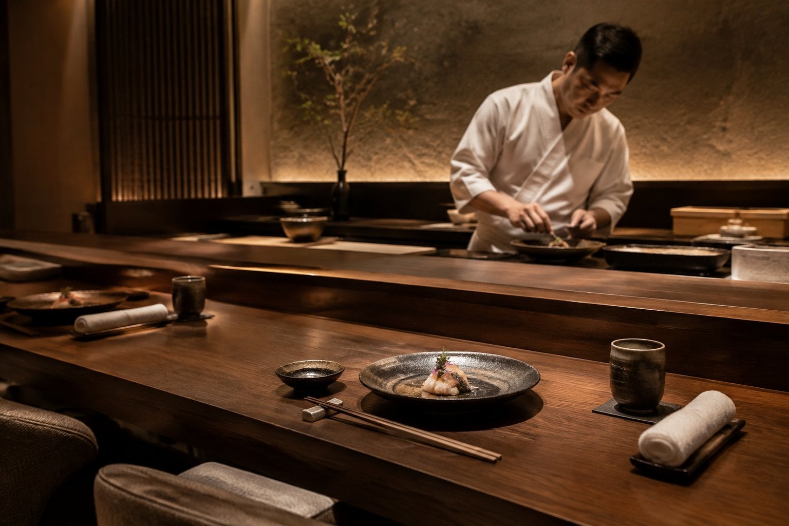 An elegant intimate Japanese dining counter with a chef preparing a carefully presented tasting dish.