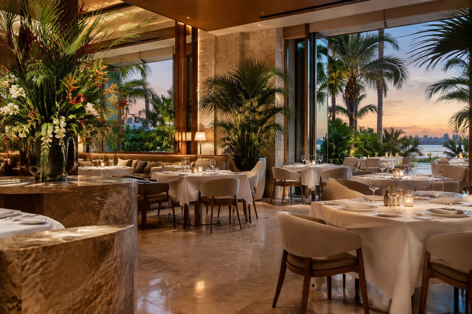 An elegant Miami restaurant dining room with tropical greenery, refined tables, and a view of a lush outdoor terrace.