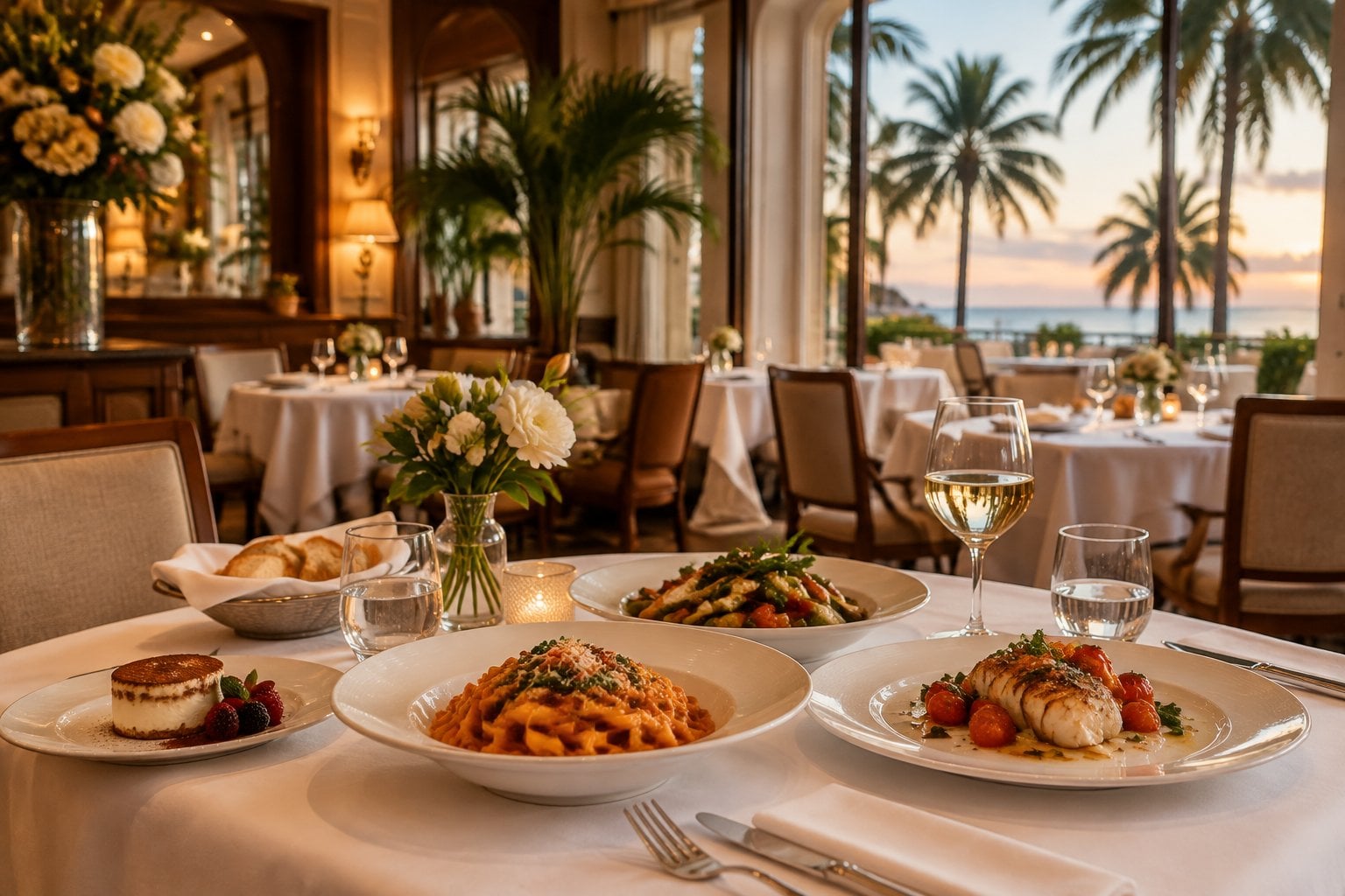 An elegant Italian restaurant dining room in Miami Beach with a beautifully set table and a softly lit tropical view.