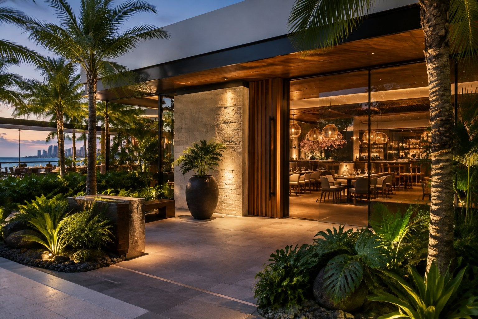 Elegant upscale Japanese restaurant entrance surrounded by tropical landscaping in Miami Beach.