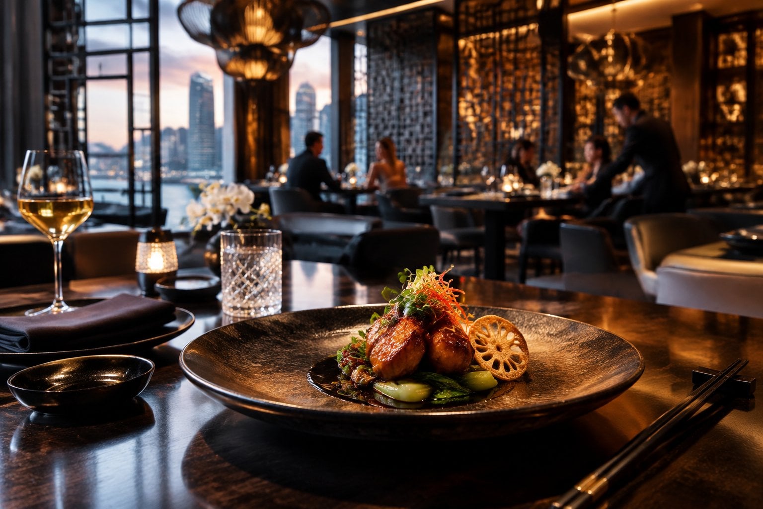 An elegant upscale restaurant dining room with a beautifully plated dish on a finely set table.