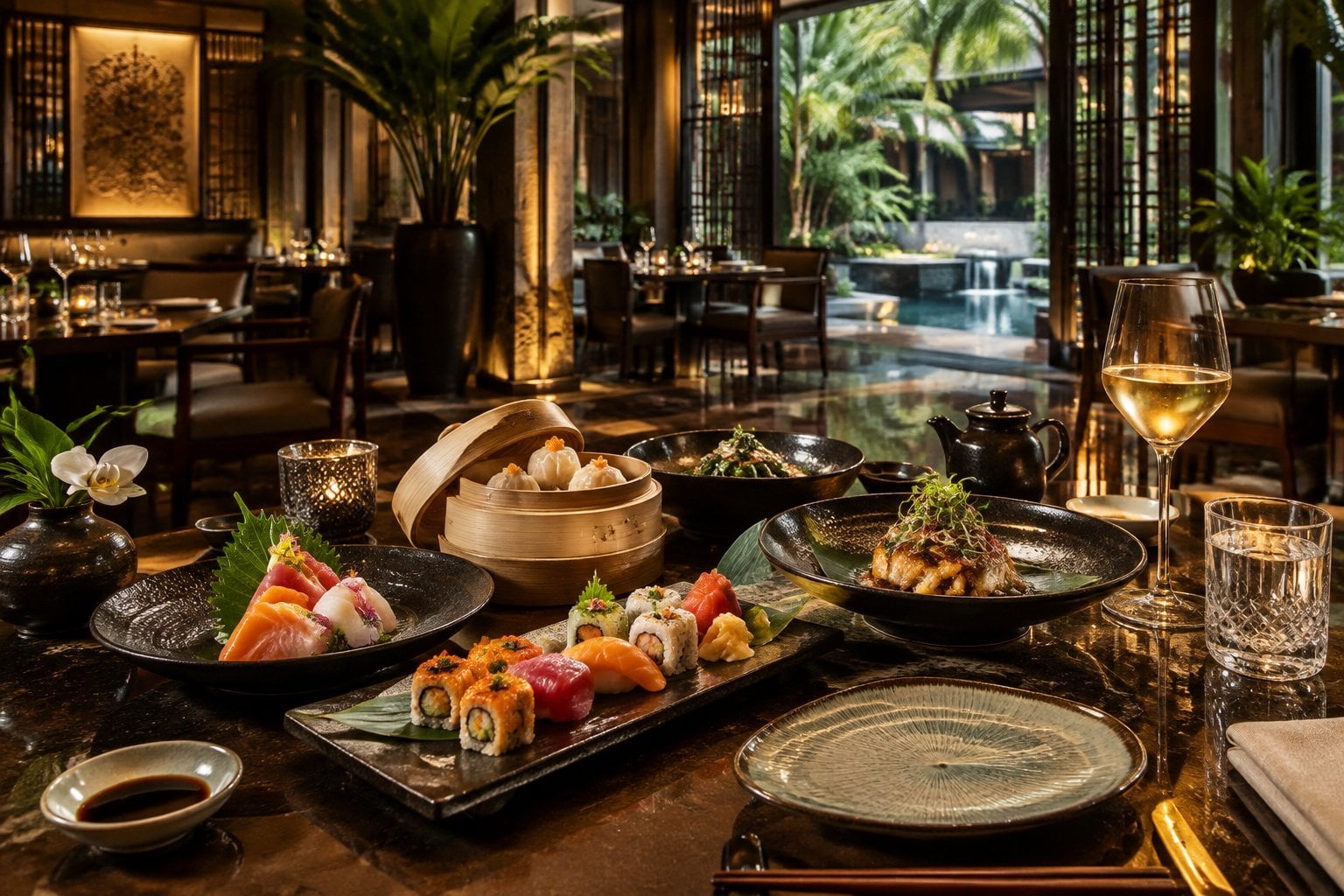 An elegant dining table with upscale Asian cuisine inside a luxurious tropical restaurant.