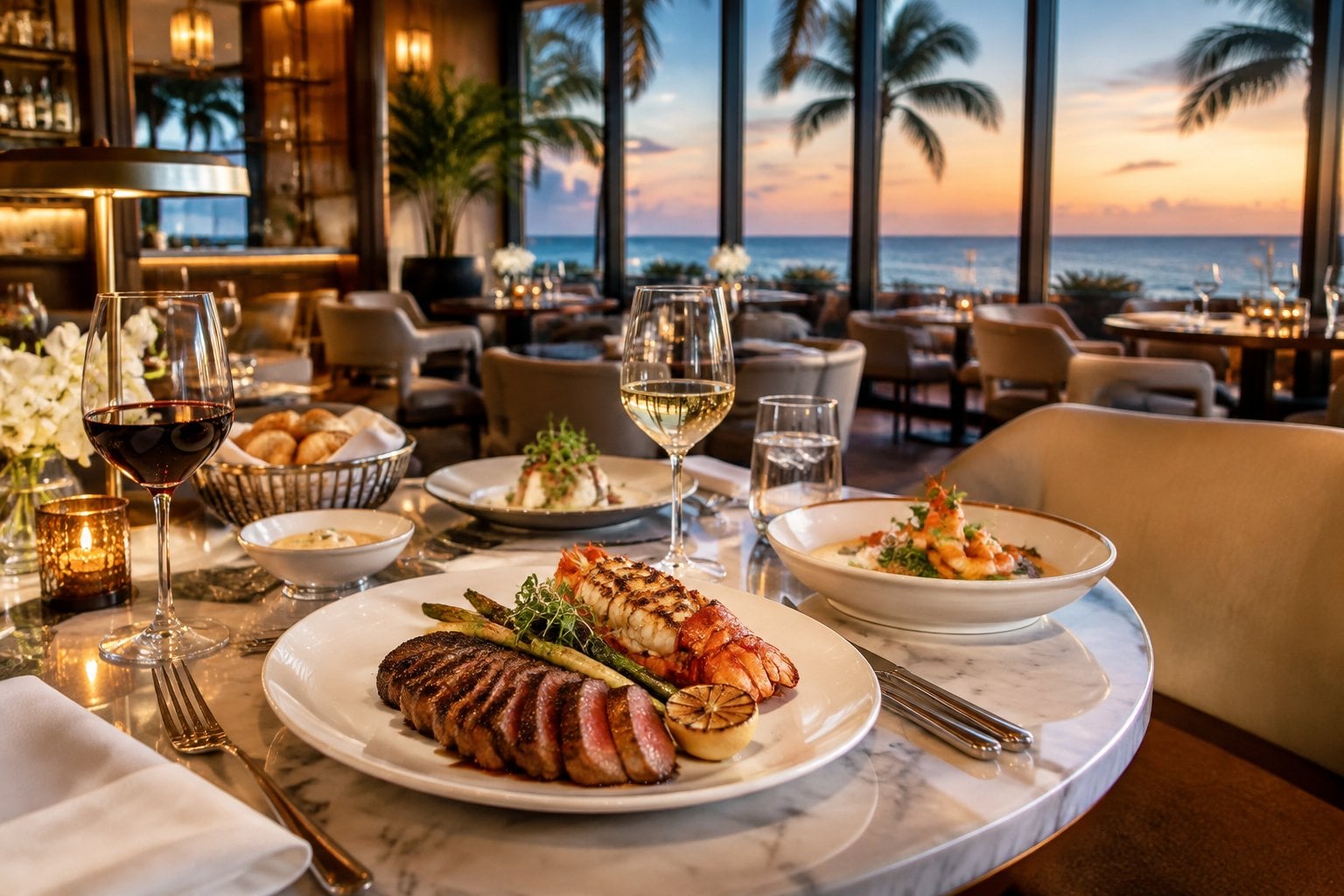 An elegant Miami Beach restaurant dining room with a table set with steak, seafood, and fine dining tableware.