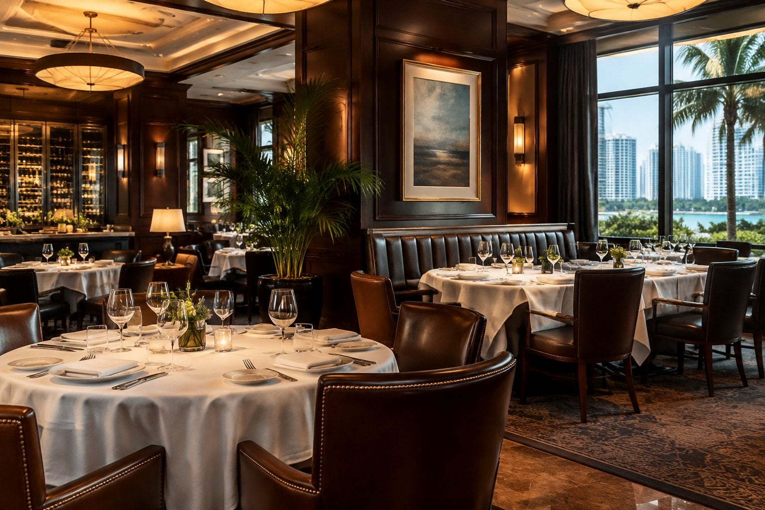 Elegant upscale restaurant dining room with dark wood, white tablecloths, and warmly lit tables.