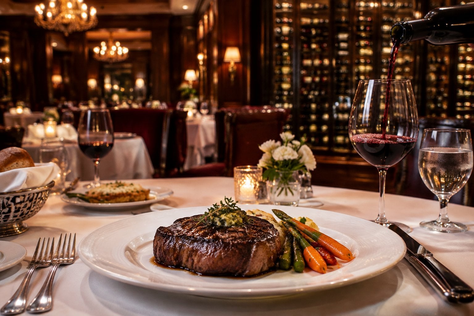 An elegant steak dinner served in a warmly lit upscale restaurant.