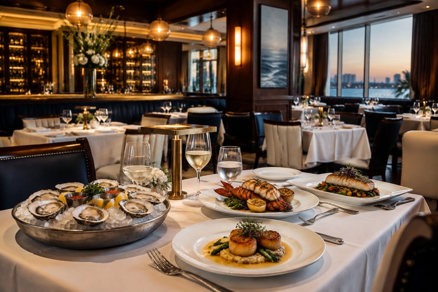 Elegant upscale seafood restaurant dining room with plated seafood on a neatly set table.