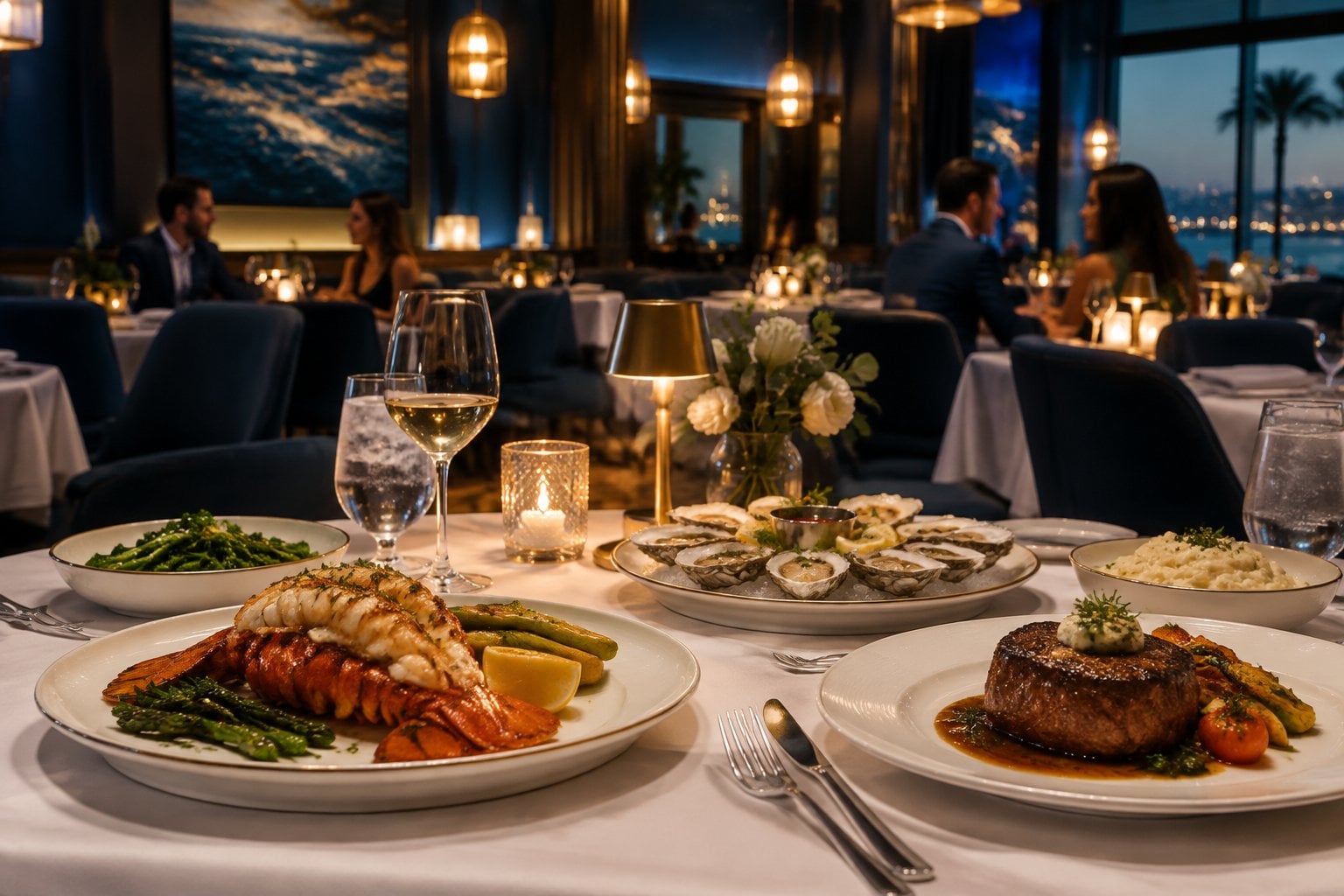 An elegant upscale restaurant dining room with warmly lit tables and a plated seafood and steak dinner.