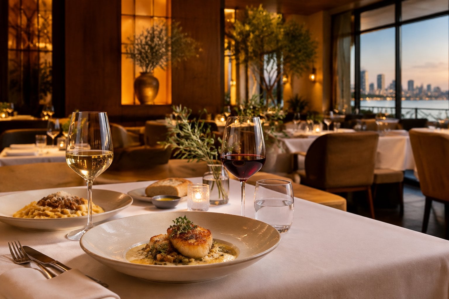 An elegant Italian restaurant dining room with upscale table settings and beautifully plated dishes.