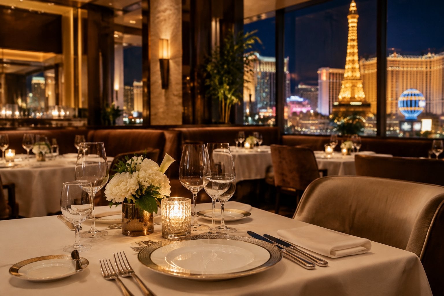 A candlelit table set for dinner in an elegant restaurant with the Las Vegas skyline in the background.