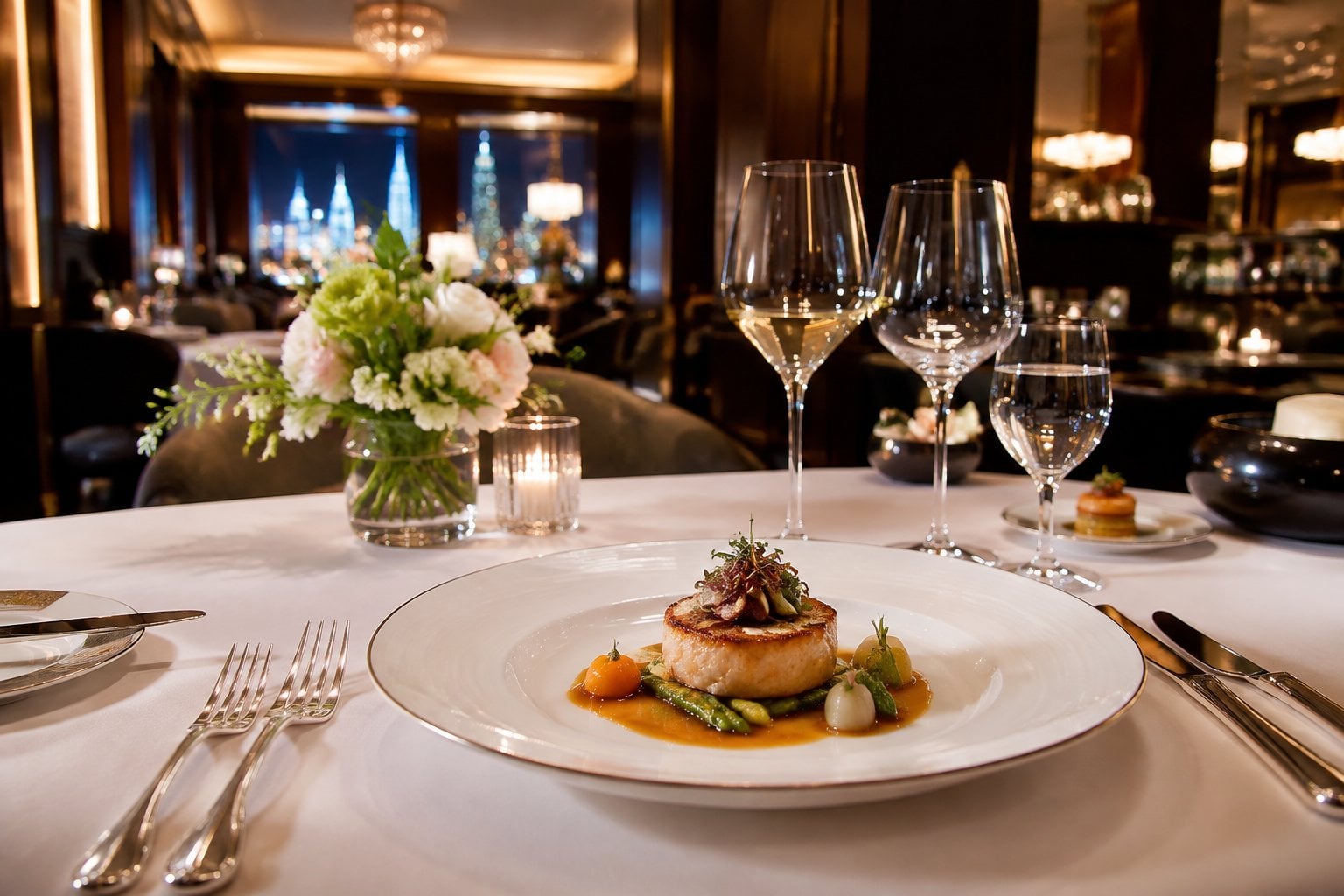 An elegantly plated meal on a white-linen table in a refined restaurant.