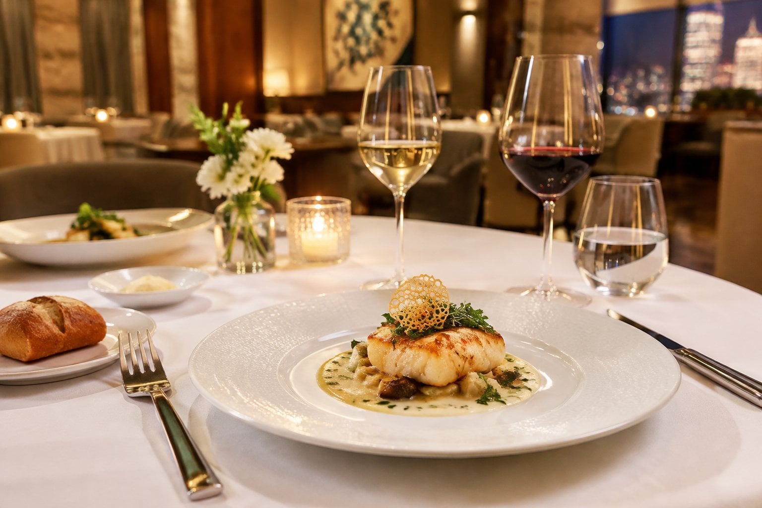 An elegantly plated meal on a fine-dining table.