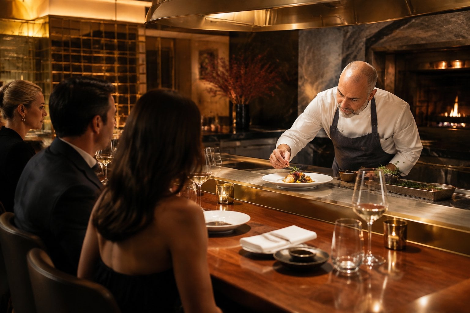 A chef presents an artfully plated course to guests at an intimate dining counter.