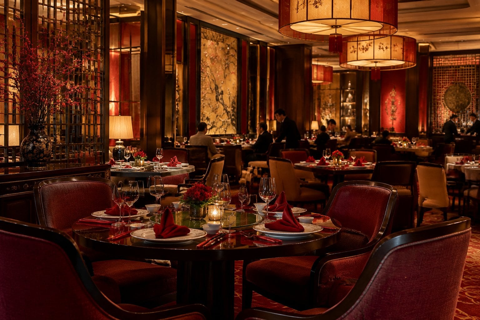 An elegant Chinese restaurant dining room with finely set tables and warm lighting.