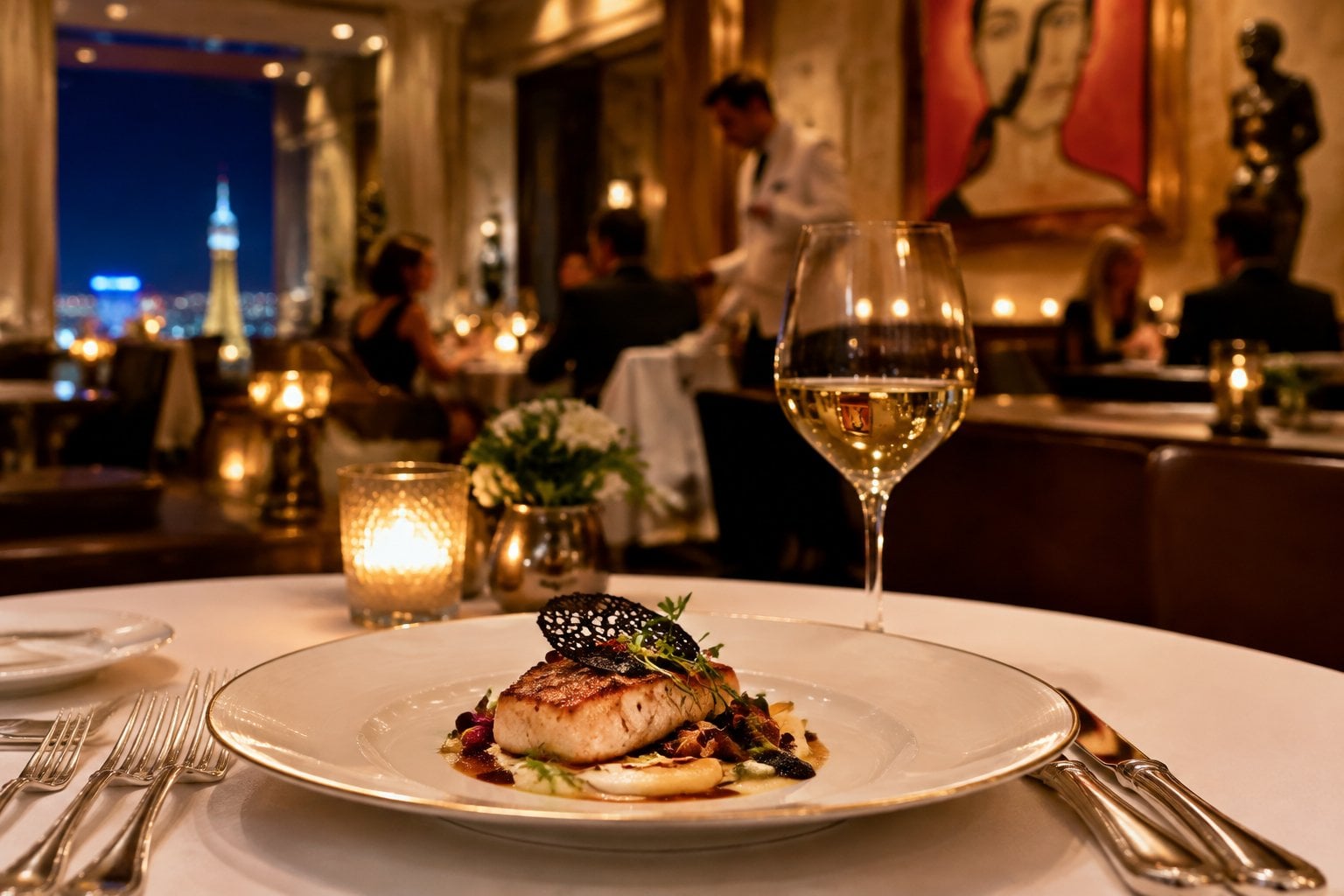 A candlelit restaurant table set with a gourmet dish, silverware, and a wineglass.