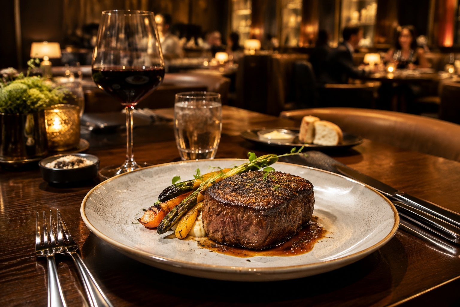 A seared steak with sides on a set table in an elegant restaurant.