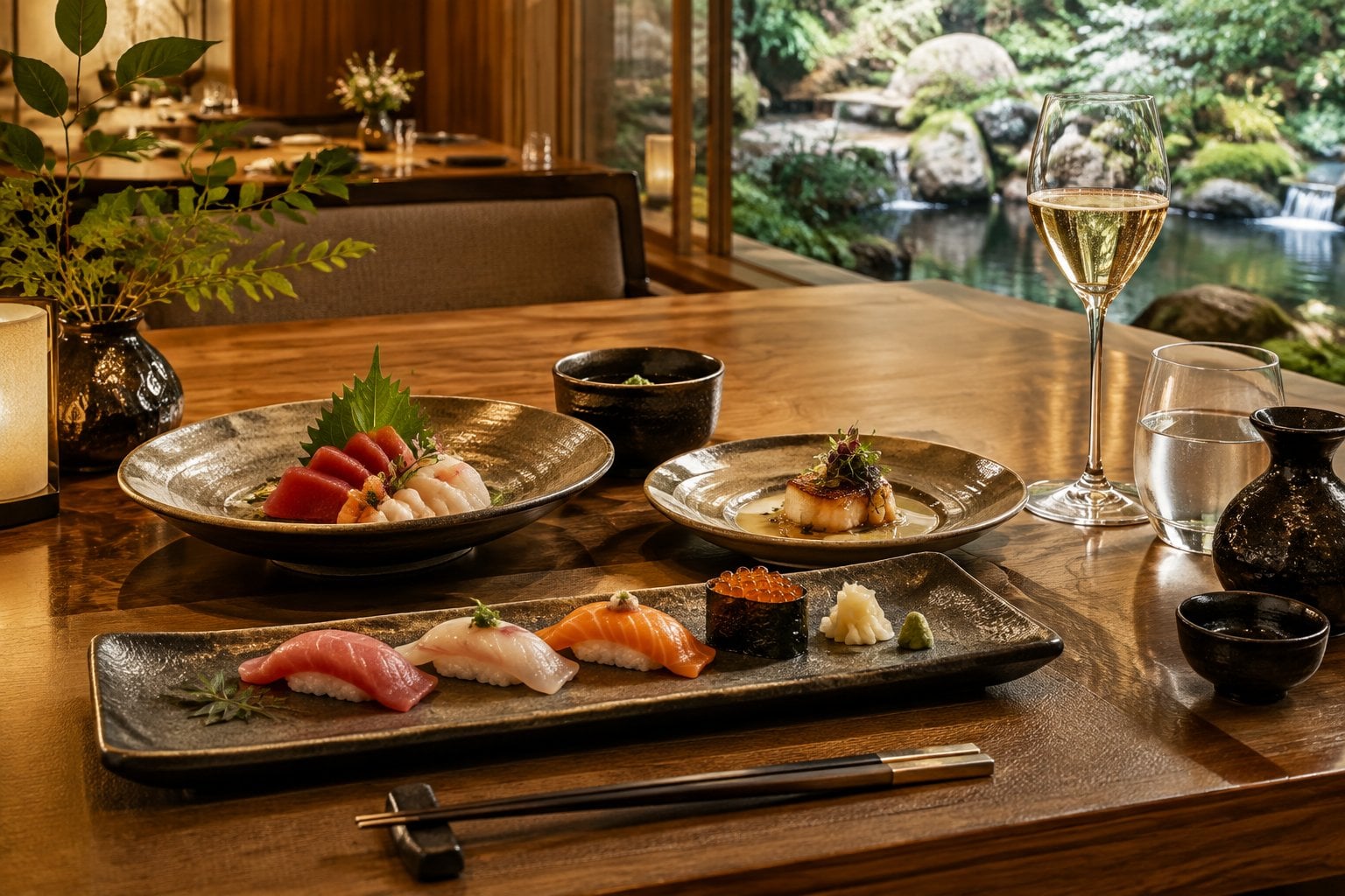An elegant Japanese restaurant dining room with a carefully arranged meal on a table.